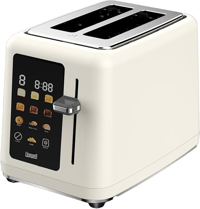 Livwell Matte 2-Slice Smart Touch Toaster with Color Screen Display - Kitchen Gifts - 6 Browning Levels, Timer Countdown, Adjustable Settings for Bagels, Gluten-Free & Multigrain Bread (Matte Cream)