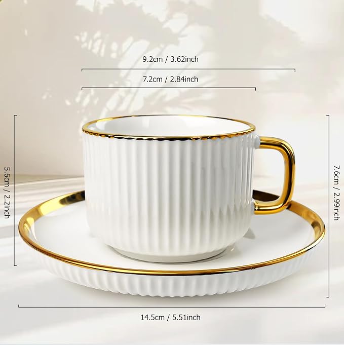 ALIMOTA 7oz White Gold Ceramic Coffee Mug Set of 4, Latte Mugs with Saucers and Spoons, White Latte Cups and Espresso Mug for Specialty Coffee Drinks, Latte, Cafe Mocha, Tea