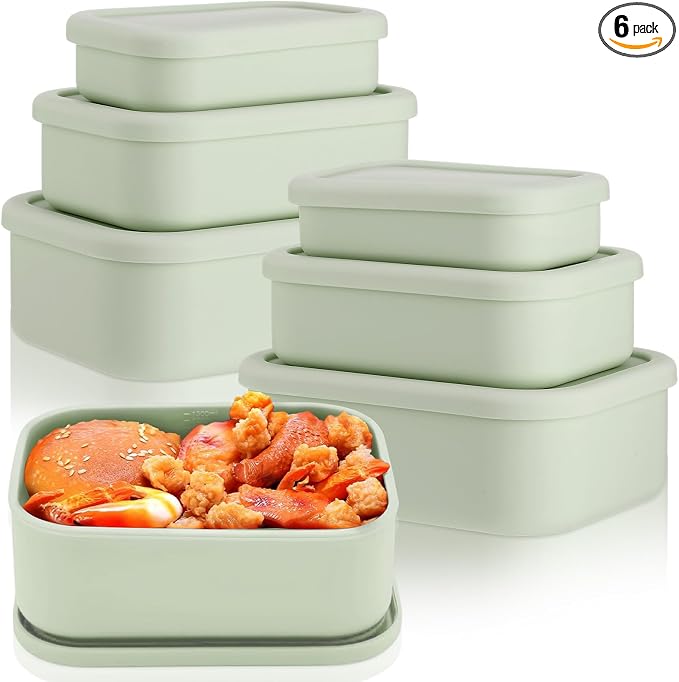 Blushtier 2 Sets of 6 Silicone Food Storage Containers, Reusable Lunch Bento Box with Lid, Hard Shell Storage Containers, Microwave Dishwasher Freezer Safe, 10 oz, 23.6 oz, 44 Ounce(Sage Green)