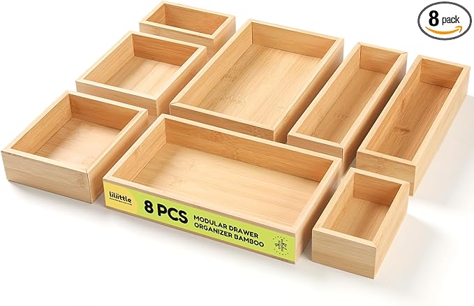 lilLittle Bamboo Drawer Organizer, 8 Pcs Kitchen Drawer Organizer Set, Multi Purpose Utensil Drawer Organizer, Silverware Organizer for Kitchen, Bathroom, Office, Junk Drawers