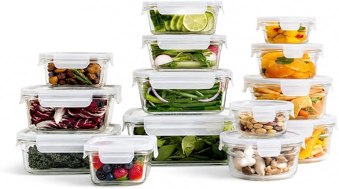 Glasslock Transparent 28 Piece Small Oven and Microwave Safe Glass Food Storage Containers Set for Small Snack and Meals with Removable Lids, Clear
