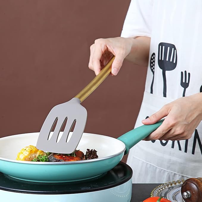 Berglander Non-stick Silicone Slotted Turner with Titanium Gold Plated Handle for Cooking, Dishwasher Safe, Easy to Clean