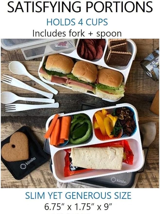 kinsho Bento Box Lunch Boxes for Kids Adults, Meal and Snack Containers School Work Travel, 4 Divided Portion Control Compartments, Japanese Style, BPA Free, Utentils Included (Grey + Black, 2 Pack)