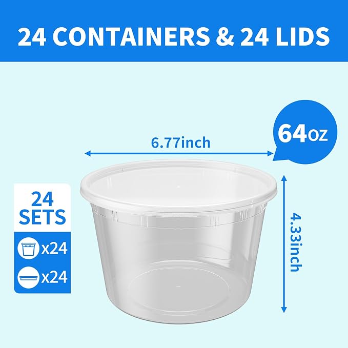 Plastic Deli Containers with Lids, 24 Sets 64 oz Soup Storage Meal Prep Box
