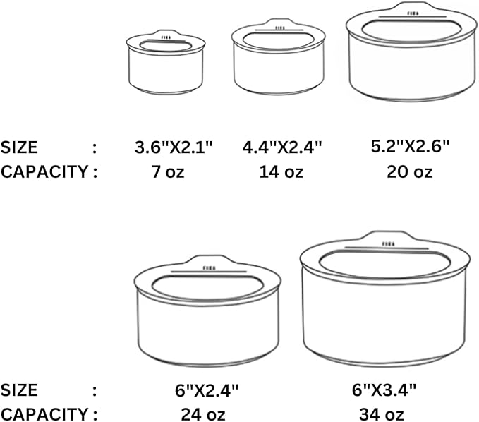6 Set FIKA One Kitchen Ceramic Round Food Container Set with Glass Lid, Porcelain Prep, Mixing & Serving Bowls, Microwave, Oven & Dishwasher Safe Storage, Home Deco Canister (600ml / 0.63qt / 20oz)