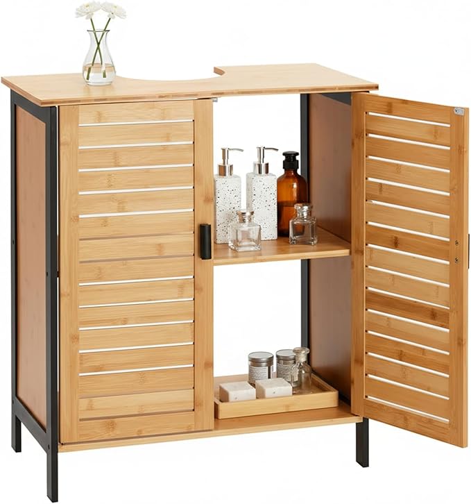 24" Bamboo Pedestal Under Sink Storage Vanity Cabinet, Solid Waterproof Sliding Door Bathroom Organizer with Adjustable Shelf, Modern Bathroom Furniture(Top Cutout, Not for Floor Drain)