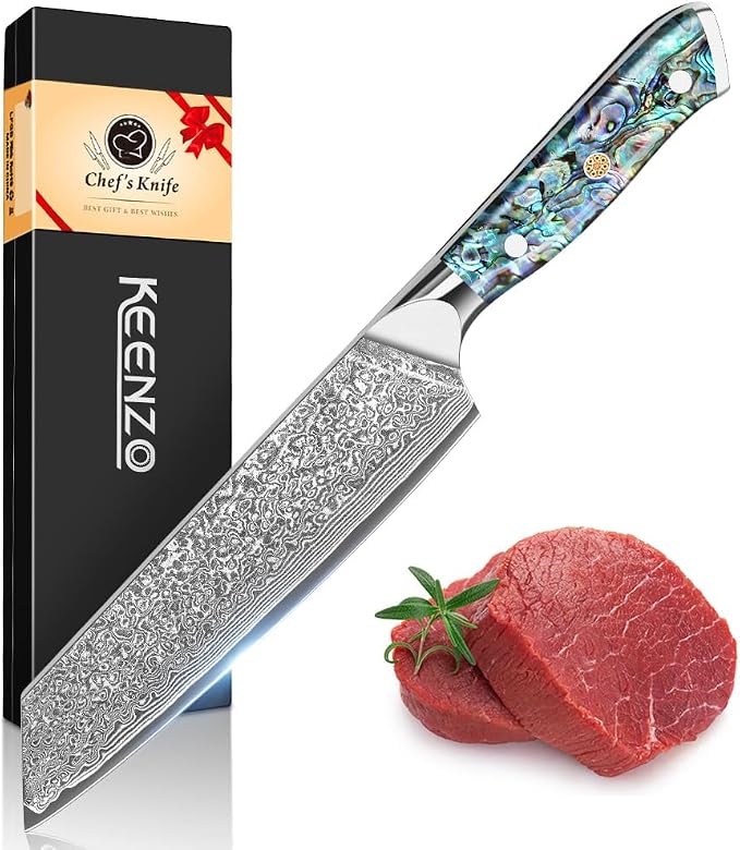 KEENZO Damascus Kiritsuke Knife 8 inch, Professional Chef Knife, Sharp Hand-Forged Kitchen Knives,Japanese 67-Layers Damascus Steel Cooking Knife,Ergonomic Abalone Shell Ressin Handle with Gift Box