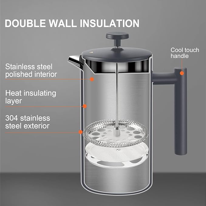 Secura French Press Coffee Maker, 304 Grade Stainless Steel Insulated Coffee Press with 2 Extra Screens, 34oz (1 Litre), Grey