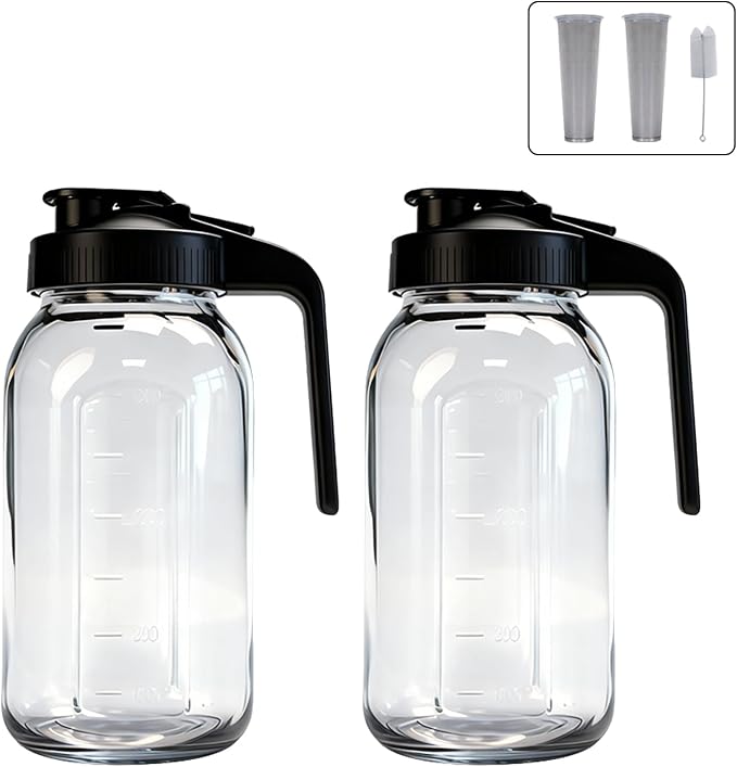 Messbecher aus Glas – Kaffeekanne mit Filter – Saftflasche mit Griff – Getränkeflasche