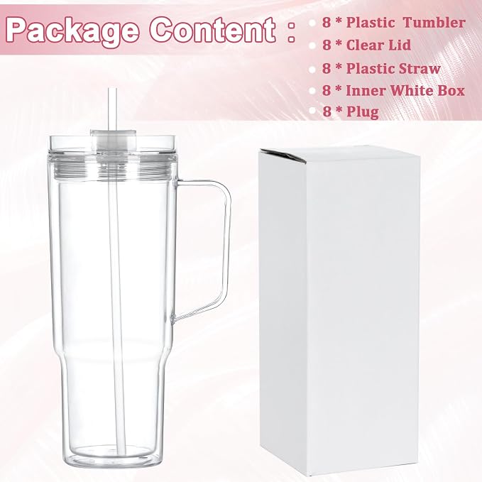 40 Oz Acrylic Snowglobe Tumbler with Handle, 8 Pack Pre-Drilled Double Wall Acrylic Clear Cup Tumbler for Glitter Snow Globe Diy
