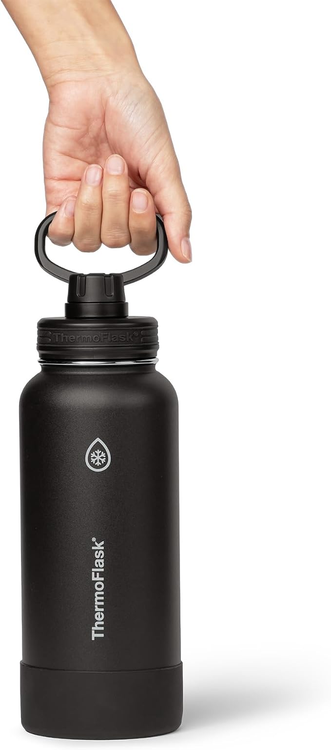 ThermoFlask Insulated Water Bottle with Spout Lid (32 oz, Black) - Leakproof, Stainless Steel Water Bottle for Cold & Hot Drinks, Travel & Daily Hydration