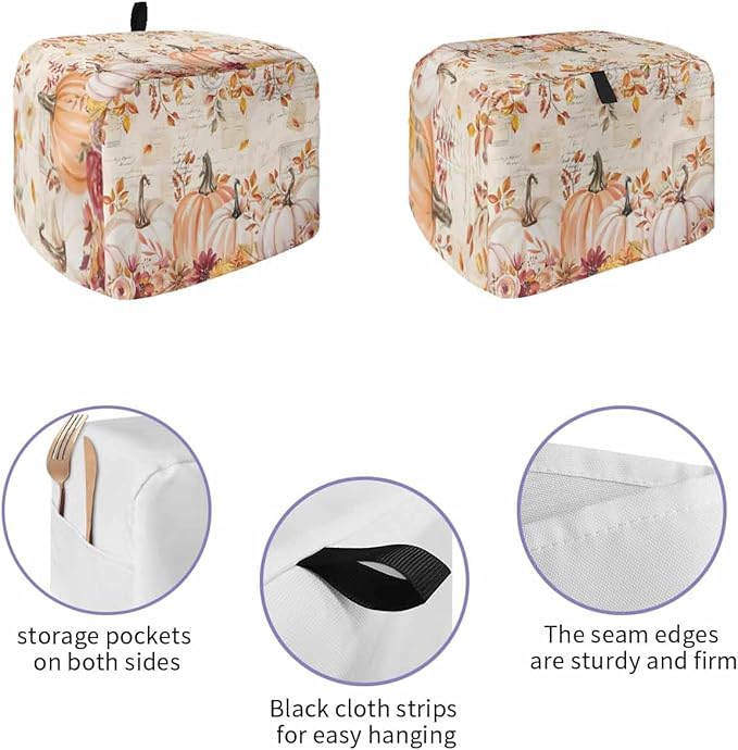 Pink Orange Pumpkins Fall Toaster Cover 2 Slice, Thanksgiving Leaves Dustproof Bakeware Oven Protector with Top Hook, Autumn Floral Waterproof Small Kitchen Appliance Toasters Dust Cover, 11"x6"x8"