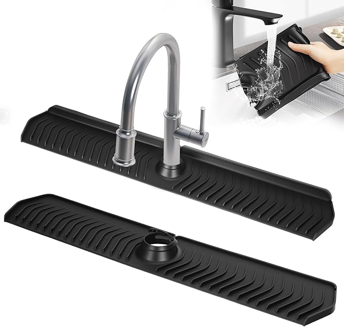 Kitchen Sink Faucet Mat,30in New Foldable Faucet Mat for Kitchen Sink, Adjustable Waterproof Splash Guard Draining Mat,Keep Countertops Dry (Black,29.9" x 5.7)