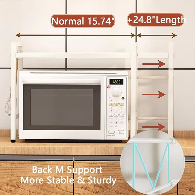 2-Tier Expandable Microwave Stand, Extendable Microwave Oven Rack with Storage Shelf Heavy Duty with 6 Hooks and Chopsticks Cutting Board Tools Holder for Kitchen(15.7~24.8" L)