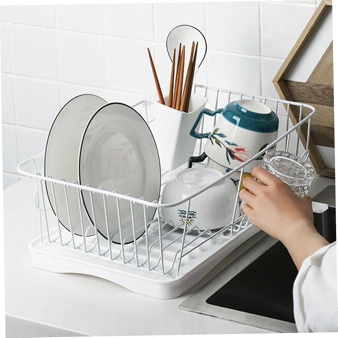 PRETYZOOM Dish Drying Rack Multi-Functional Kitchen Drainer Basket Premium Over Sink Drying for Easy Water Drainage and Stylish Organization White Iron Design