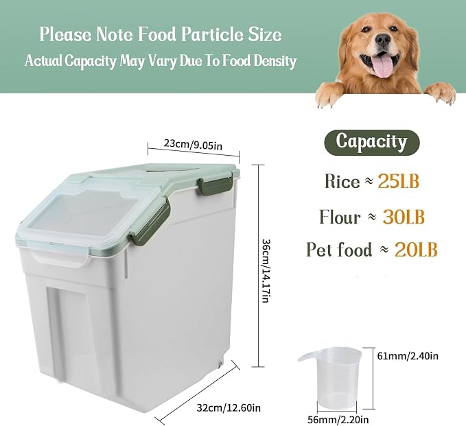 25LB Large Flour Storage Container Bin,Green Airtight Plastic with Wheels Seal Locking Lid Dispenser Organizer Storage Bin with Measuring Cup & Scoop for Flour, Rice, Grain，Set of 4