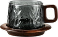 Bincoo Japanese Style Glass Coffee Cups with Walnut Wood Saucer, 7.8oz/230ML Borosilicate Glass Mugs with Handles, Elegant Gift Set for Coffee Lovers,Smoke