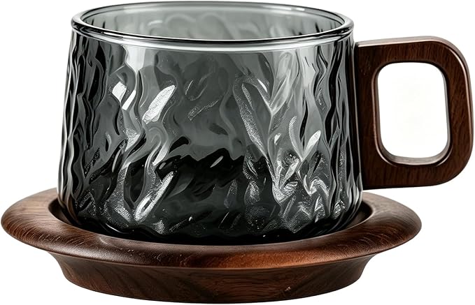 Bincoo Japanese Style Glass Coffee Cups with Walnut Wood Saucer, 7.8oz/230ML Borosilicate Glass Mugs with Handles, Elegant Gift Set for Coffee Lovers,Smoke