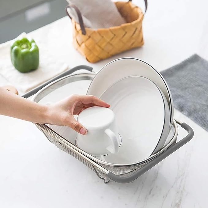 AJIODA Over The Sink Colander, 6 Quarts Stainless Steel Oval Colander with Expandable Rubber Grip Handle, Fine Mesh Strainer Baskets Kitchen Colanders for Strain, Drain, Rinse Vegetables, Fruits, Grey