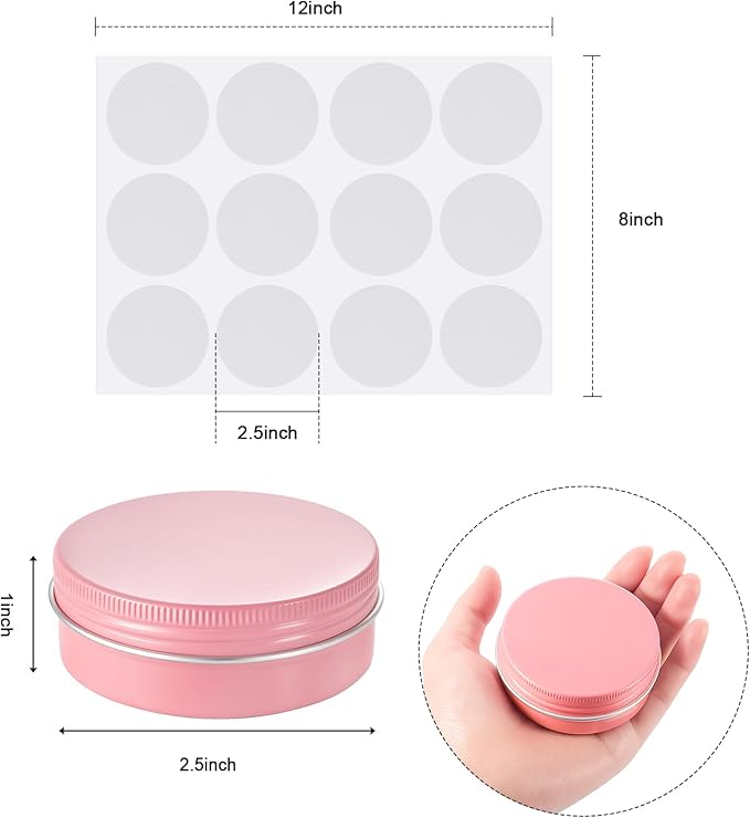 Patelai 2 oz Pink Metal Round Tins Aluminum Tin Cans Salve Tins Containers with Screw Lid 10 Sheets Stickers for Salve Spice Candies Balms Candles, 36 Pack (Classic Style)