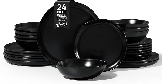 Herogo Stoneware Dinnerware Sets for 8, 24 Piece Ceramic Dinner Dishes Set, Irregular Handmade Plates and Bowls Dishware, Crack and Scratch Resistant, Reactive Glaze, Matte Black