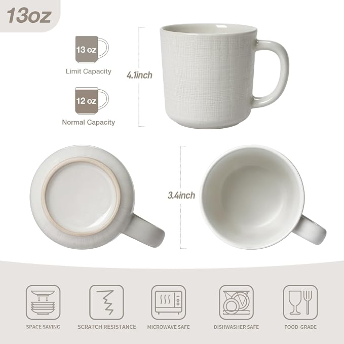 famiware Moonlight Coffee Mug Set of 4, 14oz Mug Set with Linen Finish, Coffee Cup Set with Handle for Latte, Cappuccino, Tea, Hot Cocoa, Microwave and Dishwasher Safe, White