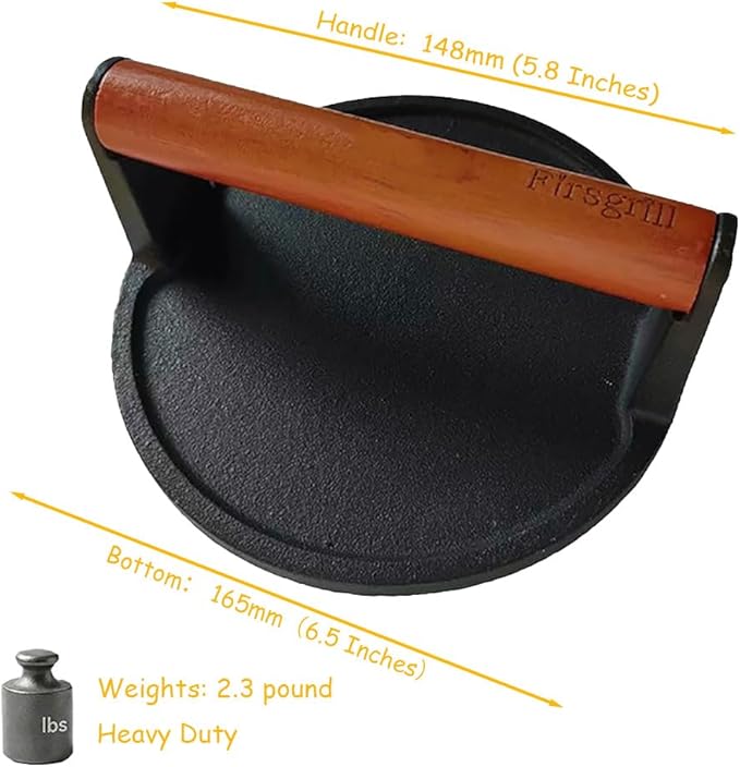Firsgrill Burger Press 6.6" Round Heavy-Duty Cast Iron Smash Meat Steak with Wood Handle for Blackstone Weber Treager Griddle Grills (YPX) (6.5" Round & 4.3X8.3 Rectangle)