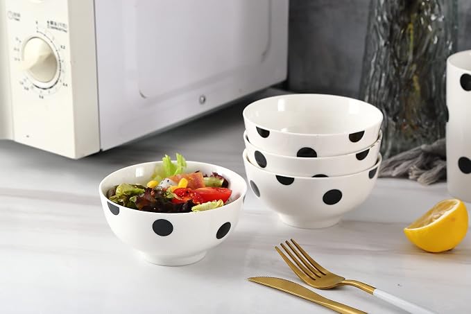 16-Piece Black and White Polka Dot Dinnerware Set for 4, Modern Porcelain Plates and Bowls Set, Ceramic Dish Set with Mugs, Dishwasher & Microwave Safe, Elegant Kitchen Gift - White