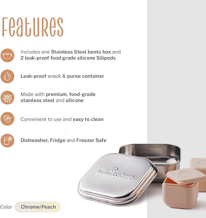Miniware GrowBento Box and 2 Silipods | Durable 304 Stainless Steel Lunch Box and Leakproof Silicone Storage Containers Set | Grows from Baby Purees to School Lunches (Steel + Peach)