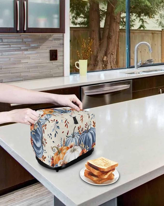 Blue White Pumpkins Fall Toaster Cover 2 Slice, Thanksgiving Leaves Dustproof Bakeware Oven Protector with Top Hook, Autumn Beige Waterproof Small Kitchen Appliance Toasters Dust Cover, 11"x6"x8"