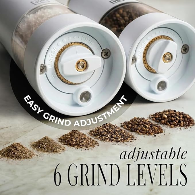 White Electric Salt and Pepper Grinder Set – Automatic Salt and Pepper Grinder Set with USB Rechargeable Design, One Touch Control, Adjustable Coarseness, LED Light, Sleek Stainless Steel Body