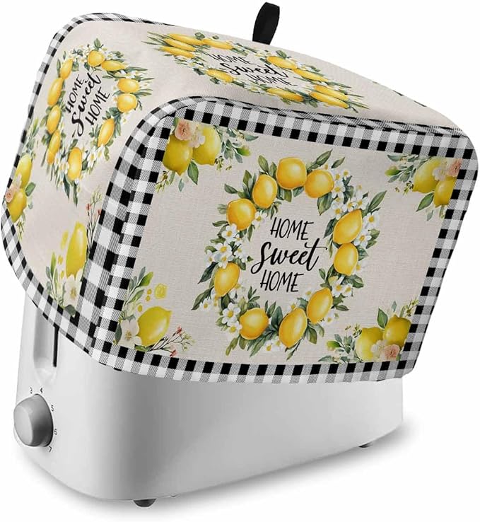 Summer Lemon Toaster Cover 4 Slice, Farmhouse Black Check Dustproof Bakeware Oven Protector with Top Hook, Plaid Vintage Waterproof Small Kitchen Appliance Toasters Dust Cover, 12"x11"x8"