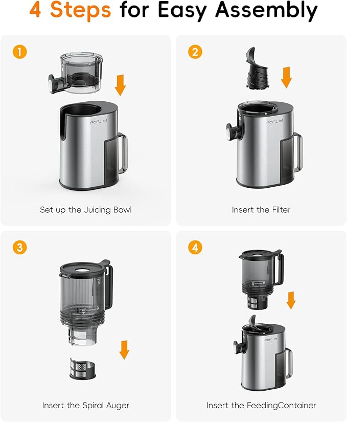 FORLIM Whole Fruit Juicer Machine, Powerful 250W Slow Masticating Motor, 136mm Large Chute for Veggies, Simple Clean Removable Parts, Ideal for Daily Wellness Shots, Stainless Steel