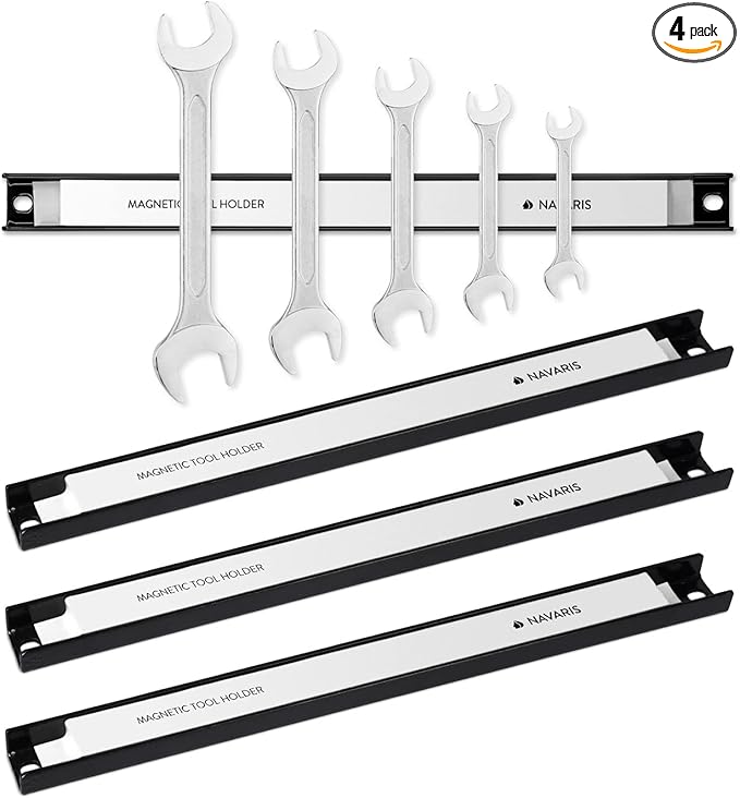 Navaris Set of 4 Magnetic Tool Holder Rack - 12 Inch Heavy Duty Garage Wall Holder Strip for Tools - Tool Bar with Magnet for Screwdriver, Wrench