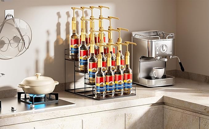 kimilus 16 Bottle Capacity Coffee Syrup Organizer 4 Tier Coffee Syrup Stand Shelf for Coffee Bar Kitchen Small Wine Rack for Bar Family Storage for Syrup Wine Dressing