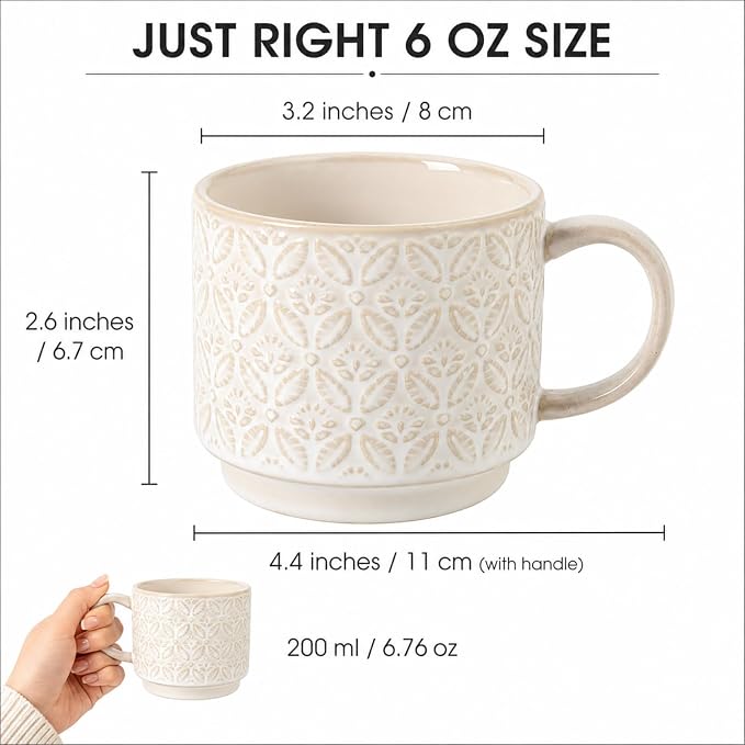 6 Oz Coffee Cups Set of 4, Espresso Cups with Stand, Stackable Cappuccino Mugs Set, Embossed Coffee Cup for Latte, Tea, Cocoa, Mocha, Housewarming Present, Dishwasher Safe