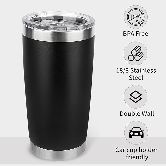 20oz Stainless Steel Tumbler Bulk with Lid, Travel Mug - Double Wall Vacuum Powder Coated Cup - Black, 6 Pack