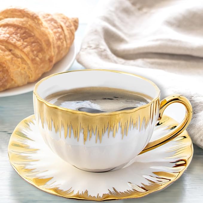 Gold Rimmed Ceramic Coffee Mug with Saucer Cappuccino Mug, 6 oz, for Coffee, Latte, Tea, Set of 6 (gold, Large)