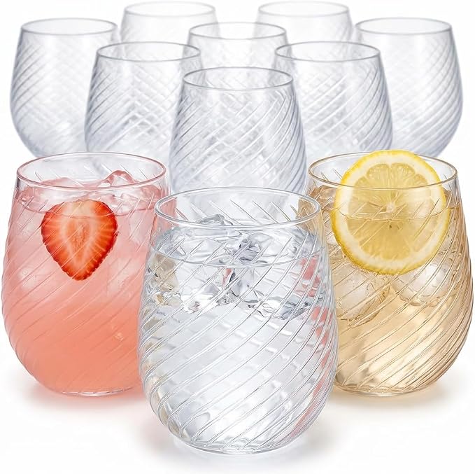 Oojami 40 Pack 12 oz Disposable Wine Glasses Stemless Ribbed Origami Cocktail Champagne Glasses, Shatterproof Unbreakable BPA-Free Recyclable Reusable Plastic Wine Cups for Wedding Birthday Party