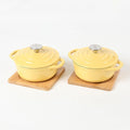 HAWOK Enameled Cast Iron Mini Dutch Oven, Dia5.51”, 23oz, with Bamboo Tray, Set of 2, Yellow