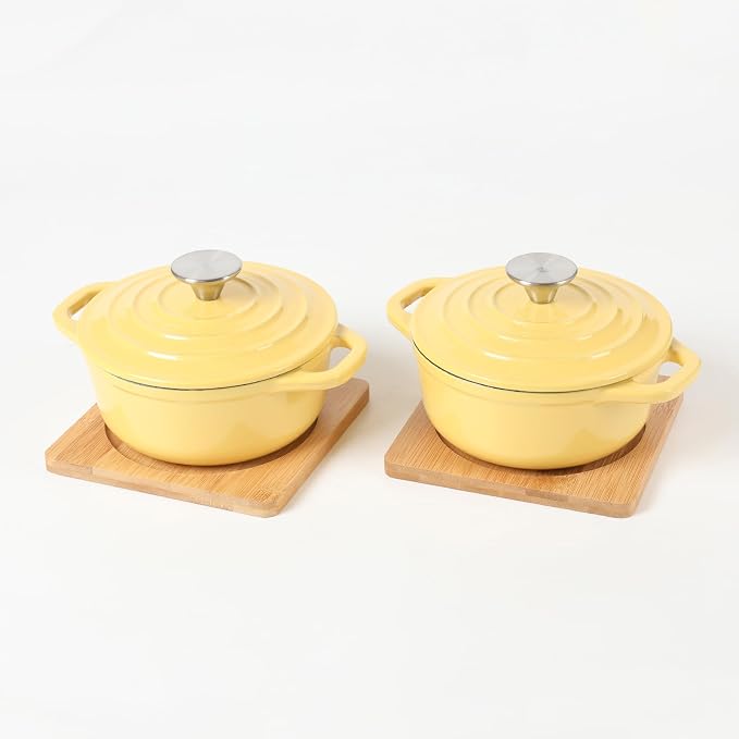 HAWOK Enameled Cast Iron Mini Dutch Oven, Dia5.51”, 23oz, with Bamboo Tray, Set of 2, Yellow