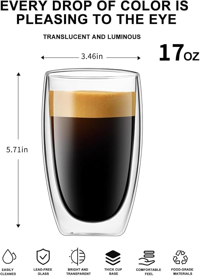 DOPUDO 17oz Double Wall Glass Coffee Mugs Set of 4, Insulated Coffee Mug, Clear Borosilicate Glass Coffee Cups for Cappuccino, Tea, Lightweight and Microwave Safe