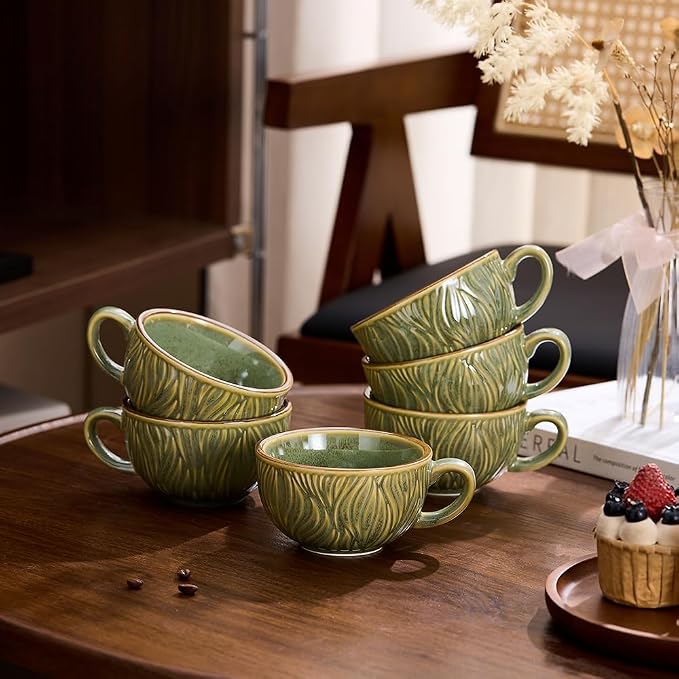 Coffeezone Set of 6 Vintage Design 12 oz Professional Barista Ceramic Latte Art Cappuccino Cups Set (Wave Green)
