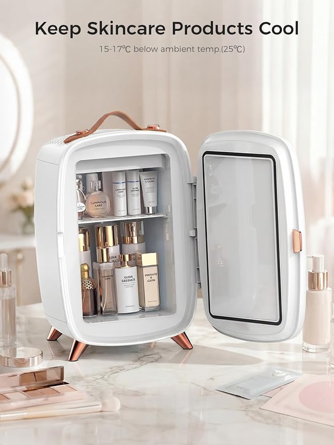 COWSAR Mini Fridge for Bedroom with Dimmable LED Light Mirror, 6 Liter/8 Can Skincare Fridge with Top leather handle, Portable Small Refrigerator Cooler for Cosmetic, Beverage and Food, Dorm, Office