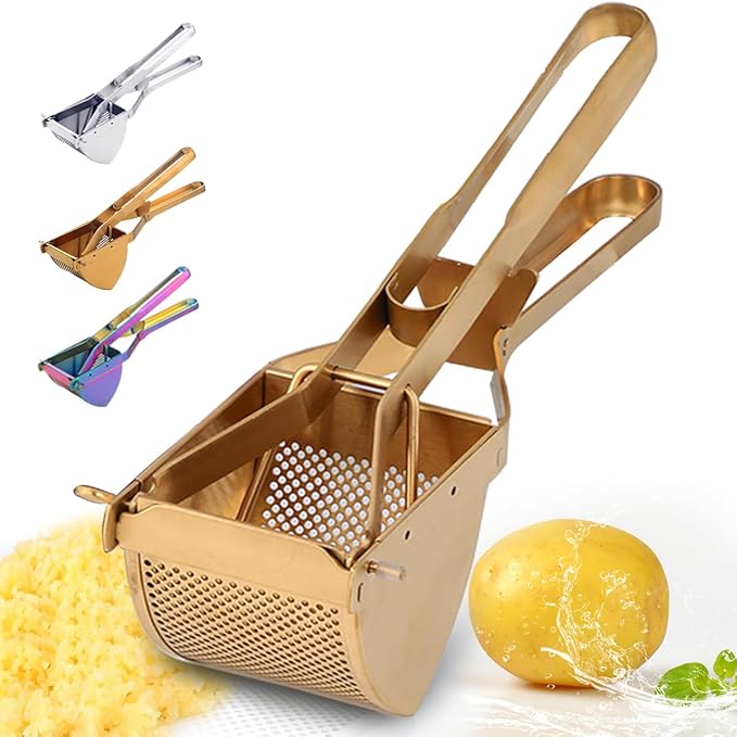 QRU Large Potato Ricer, Heavy Duty Stainless Steel Potato Masher for Commercial and Home Use, Fruit Press Baby Food Masher (Gold)