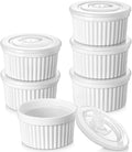 vancasso 10 oz Ramekins with Lid, Porcelain Creme Brulee Souffle Dishes, White Pudding Custard Cups Ramiken for Baking, Dishwasher and Oven Safe, Set of 6