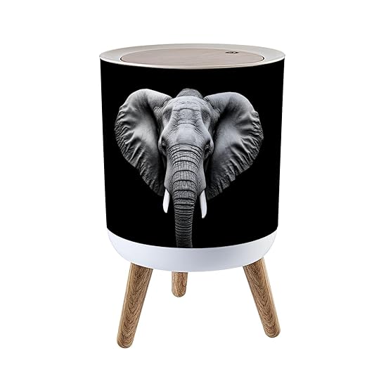 Trash Can with Lid Monochrome Portrait Elephant Press Top Round Small Garbage Bin with Wooden Legs Waste Basket for Kitchen Bedroom Nursery 7L/1.8 Gallon