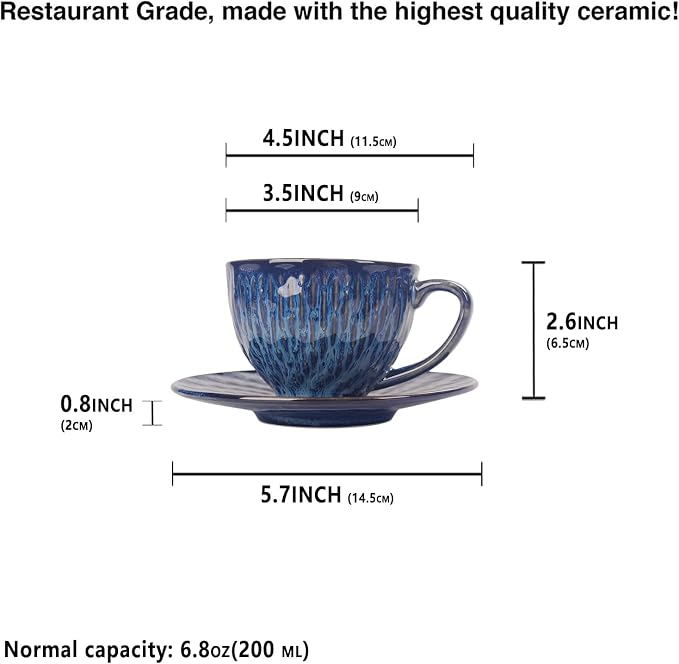 Coffee Mugs Set, 6.8 Oz,Ceramic Tea Cup with saucer, Espresso Cups 8-piece, Stackable Cups, for Latte,Hot Tea,Cappuccino, Mocha, Cocoa, dishwasher & microwave safe,Royal blue