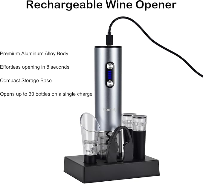 Yomety Electric Wine Opener With Base, Rechargeable Bottle Opener With 2-in-1 Aerator & Pourer, Foil Cutter, 2 Stoppers - Accessories Gifts for Wine Lovers