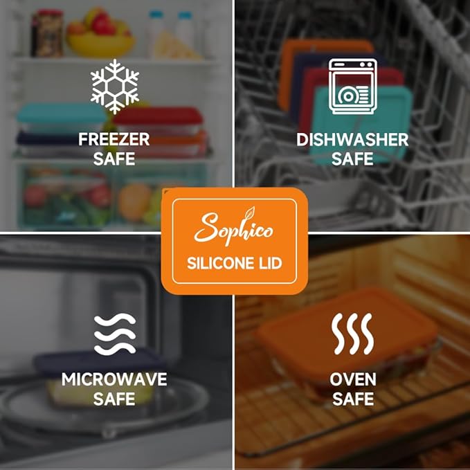 Sophico 3 Cup Rectangle Silicone Storage Cover Lids Replacement for Pyrex 7210-PC Glass Bowls (Container not Included) (RED-ORANGE, 4 Pack)